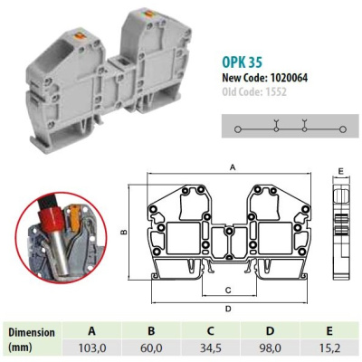 1020067 | OPK 35 | Клеммник пружинный быстрозажимной (Push in), 35мм.кв. (синий), 1555, Onka
