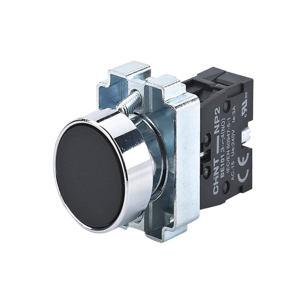 573955 | Кнопка NP2-BA21, чёрная, металл, 1НО, IP40, Chint