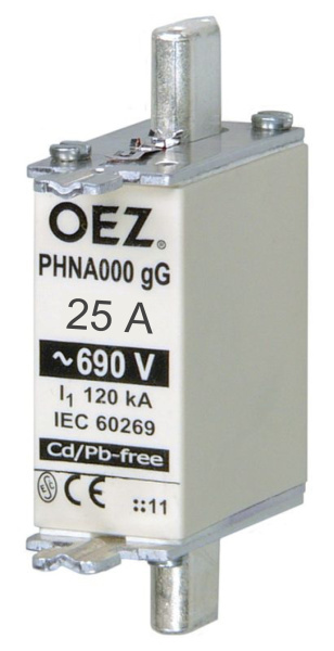 OEZ:40507 | Плавкая вставка 25А, размер NH000, хар-ка gG, 690В АС, 250В DC с комбииндикатором, OEZ 