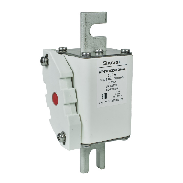 SVF-110B1K1000-200-aR | Предохранитель, 200 А, 1000 В DC / 1000 В AC, aR, ножи под болт, габ 1, монт расст 110 мм, Sinvel 
