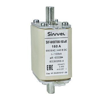 SVF-NH00T690-160-aR | Предохранитель, 160 А, 690 В AС, aR, габарит 00, ножи, Sinvel 
