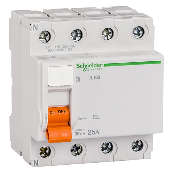 11463 | УЗО, серия Домовой ВД63, 3p+N, 40А, 30мА, тип AC, Schneider Electric