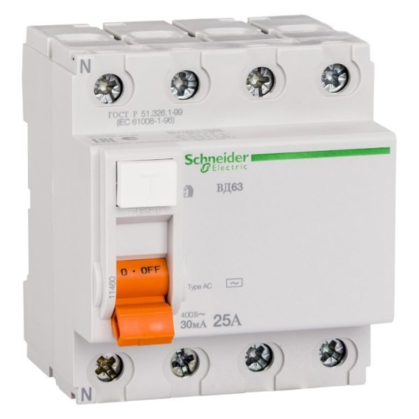11463 | УЗО, серия Домовой ВД63, 3p+N, 40А, 30мА, тип AC, Schneider Electric