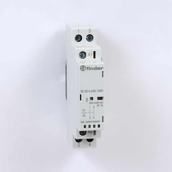 223202301320 | Контактор, 2НО, 25 А, 230В AC/DC, мех.индикатор + LED, AgNi, Finder