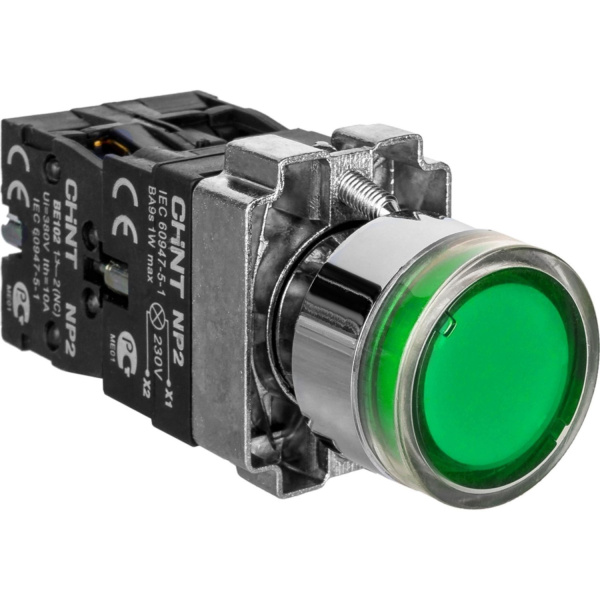575777 | Кнопка управления NP2-BW1361 выступающая, зеленая, 1НО, AC/DC230В (LED), IP40, Chint