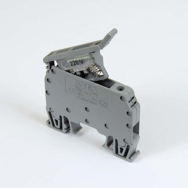 1010313 | Клеммник с держ. предохр. (5х20) с индикацией 220V AC/DC на DIN-рейку, 6 мм.кв., Onka