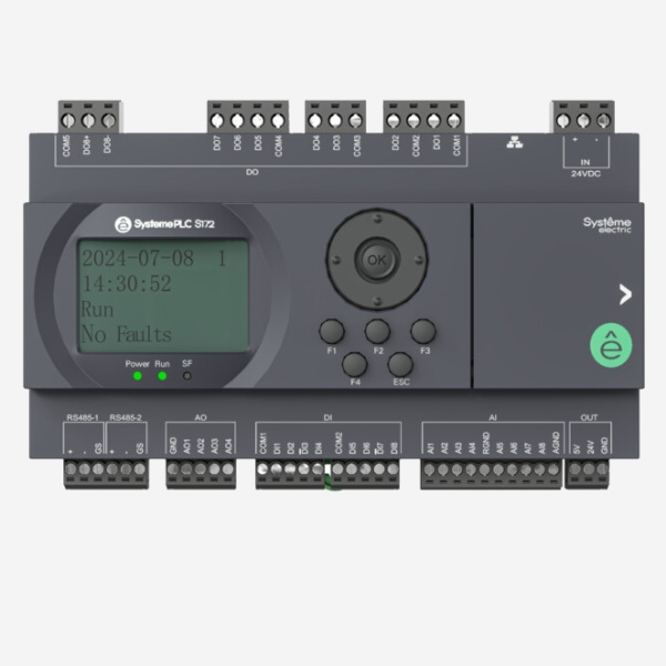 SM172PS11BDR | ПЛК S172; 24 VDC; дисплей; 28 IO: 8 DI, 8 DO (реле), 8 AI, 4 AO; 2xRS485, 1xRJ45, Systeme Electric