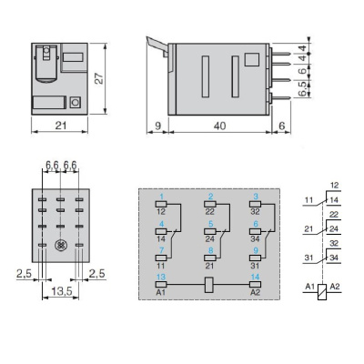 RXM3AB2B7 | Универсальное реле, серия RXM, 24В AC, 10А, 3CO, светодиод, Schneider Electric