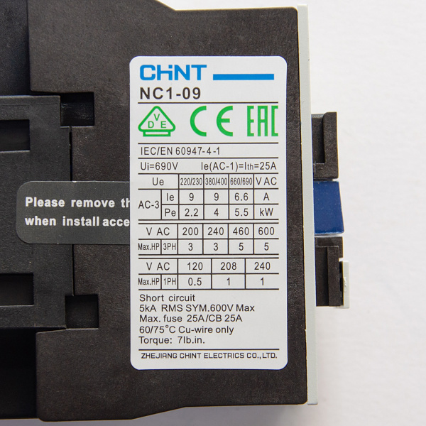 221033 | Контактор NC1-0910 9А 230В/АС3 1НО 50Гц, Chint