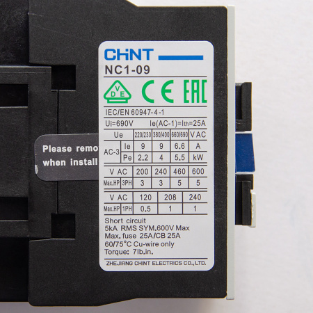 220800 | Контактор NC1-0901 9А 230В/АС3 1НЗ 50Гц, Chint