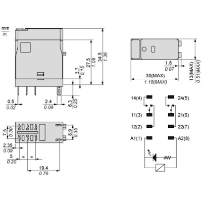 RXG23BD | Миниатюрное реле, серия RXG, 24В DC, 5А, 2CO, светодиод, Schneider Electric