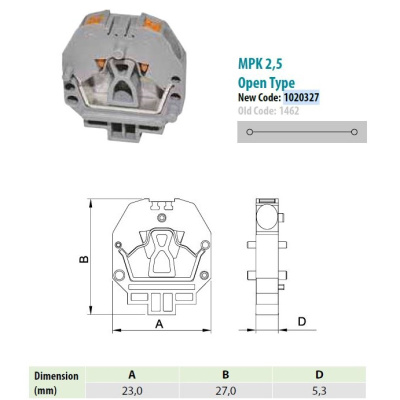 1020327 | MPK 2,5 | Миниклеммник пруж. быстрозажимной (Push in), 2,5 мм.кв., (серый),1462, Onka
