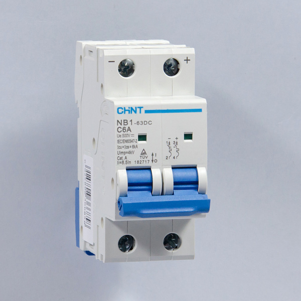 182717 | Автоматический выключатель NB1-63DC 2P 6А 6кА характеристика C 500В DC, Chint