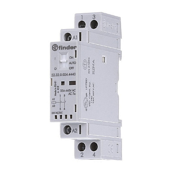 223202304420 | Контактор, 2НЗ, 25 А, 230В AC/DC, мех.индикатор + LED, AgSnO2, Finder