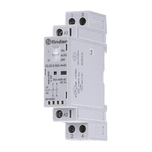 223202304420 | Контактор, 2НЗ, 25 А, 230В AC/DC, мех.индикатор + LED, AgSnO2, Finder