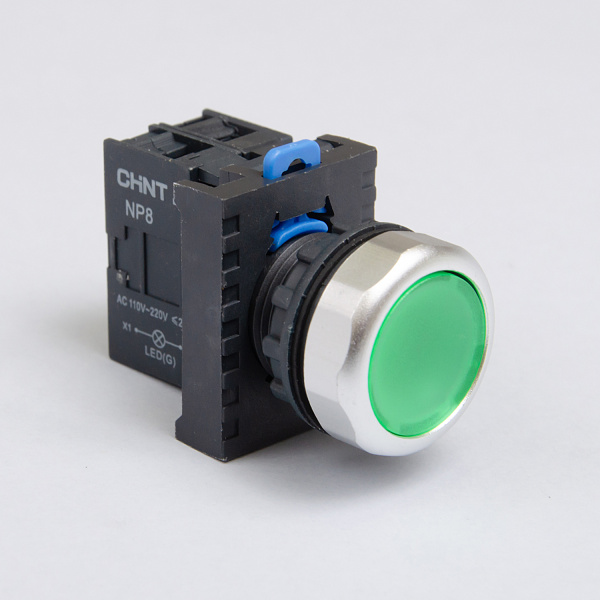 667251 | Кнопка NP8-10BND/3 1НО зелёная, подсветка LED 110-220В AC, IP65, Chint