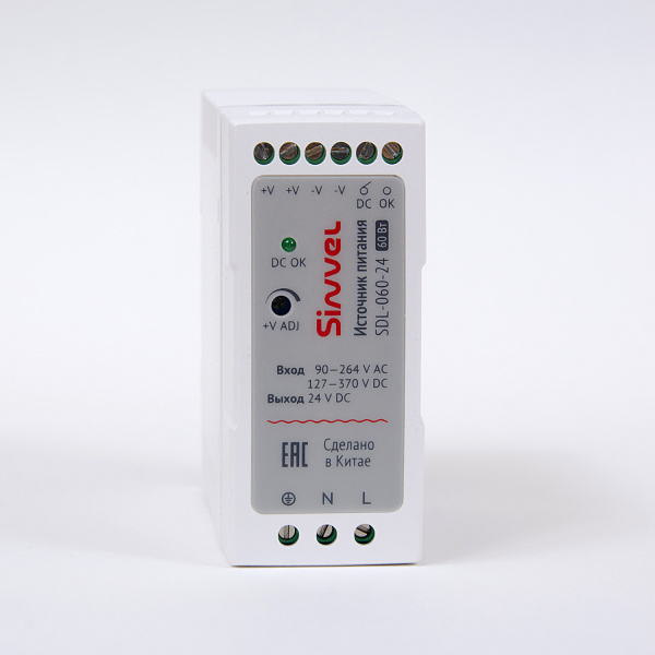 Блок питания SDL 60 Вт, питание 90-264В AC, 127-370В DC; выход 24В DC, пластиковый корпус, Sinvel, SDL-060-24