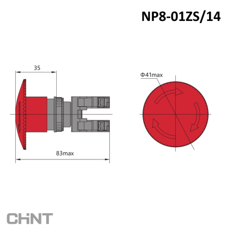 667210 | Кнопка грибок диаметр 40мм NP8-01ZS/14 фиксация возврат поворотом, красный, 1НЗ, IP65, Chint
