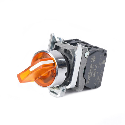 SB4BK125B5 | Переключатель 2-позиционный, фиксация, подсветка 24В DC, жёлтый, металл, 1НО+1НЗ, Systeme Electric
