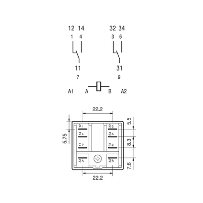 623280120040 | Реле с клеммами в розетку или наконечники Faston 187 серии 62.32, управление 12В AC, контакты AgCdO , Finder