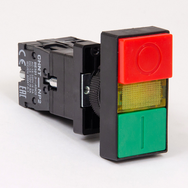 575344 | Двойная кнопка NP2-EW8465, чёрный корпус, 1НО+1НЗ, подсветка LED 220В AC/DC, IP40, Chint