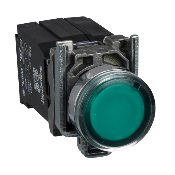 XB4BW3345 | Кнопка с подсветкой 230В AC с возвратом, зелёная, 1НО+1НЗ, через трансформатор 6В, 1,2ВА, Schneider Electric