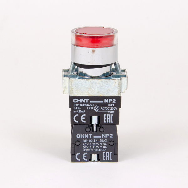 575421 | Кнопка управления NP2-BW3462 плоская, красная, 1НЗ, AC/DC230В (LED), IP40 (Аналог ch573823), Chint