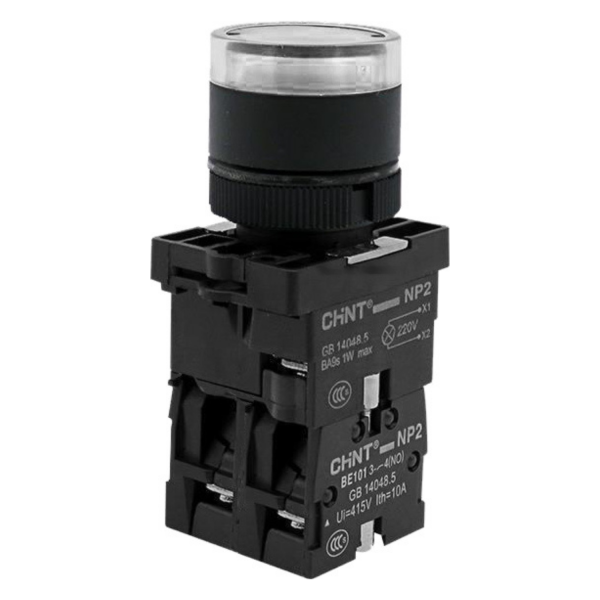 574735 | Кнопка NP2-EW3165 выступающая 1НО+1НЗ белая, подсветка LED 230В AC/DC, IP40, Chint