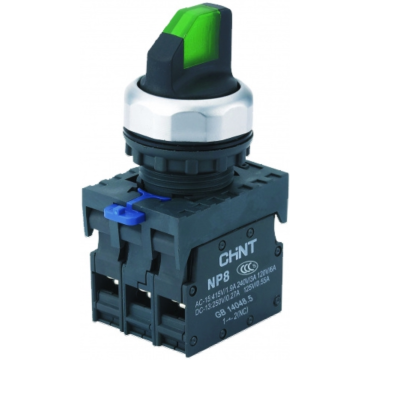667558 | Переключатель NP8-11XD/313, 3 положения, фиксация, зелёный, подсветка LED 110-230В AC, 1НО+1НЗ, IP65, Chint
