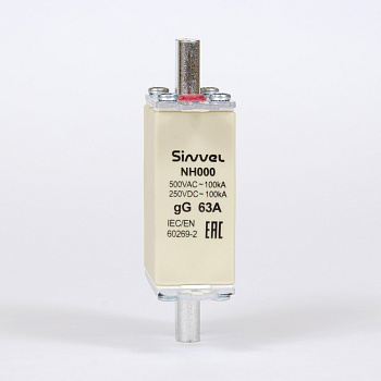 FNH000S-63 | Предохранитель 63 A, габарит 000, gG, 500 B AC/ 250 B DC, боёк, Sinvel 