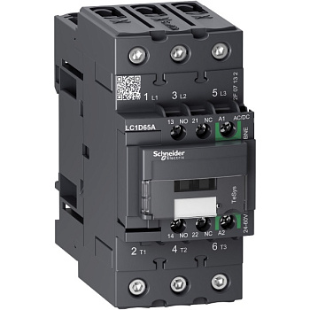LC1D65ABNE | Контактор, серия Tesys D Green, 3P, 65 А, AC3, 1 НО +1 НЗ, 24-60В AC/DC, Schneider Electric