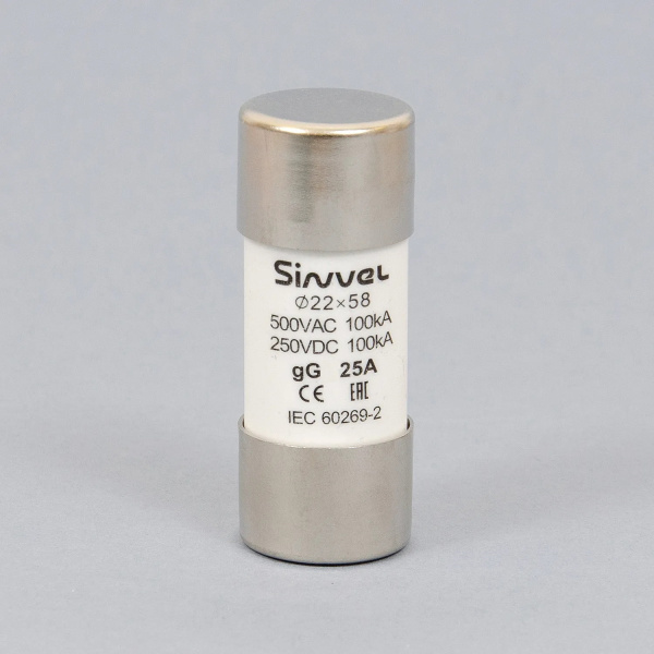 SV2258-25 | Плавкая вставка 25 А, gG, 22х58 мм, 500 В АС/ 250 B DC, Sinvel 