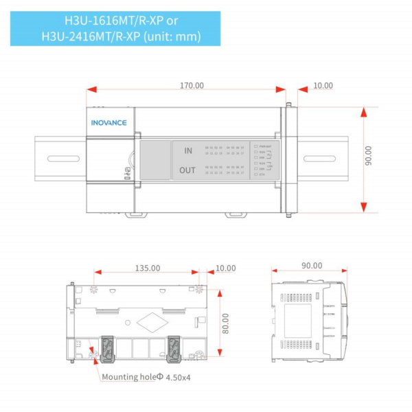 H3U-2416MR-XP | ПЛК H3U 24 входа 16 выходов реле, 1 x RS485, 1 x RS422,1 x CAN port,1 x Ethernet port, Inovance