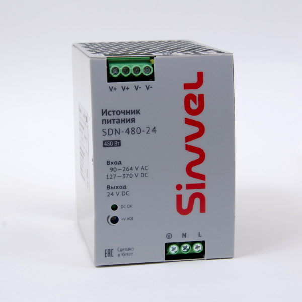 Блок питания SDN 480 Вт, питание 90-264В AC, 127-370В DC; выход 24В DC, металлический корпус, Sinvel, SDN-480-24