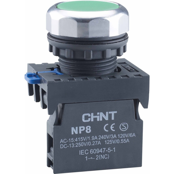 667591 | Кнопка упр. NP8-20BND/3 подсветка, самовозв, зеленый, AC110-230В(LED), 2НО, IP65, Chint