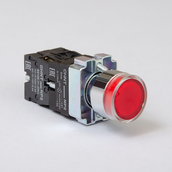 574267 | Кнопка NP2-BW3461, 1НО+1НЗ, металл, красная, подсветка LED 230В AC/DC, IP40, Chint