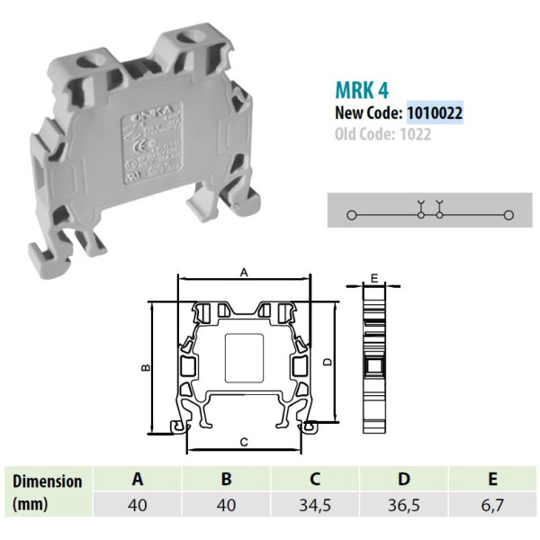 1010027 MRK 4 | MRK 4; Клеммник на DIN-рейку 4мм.кв. (красный) (1027), Onka 